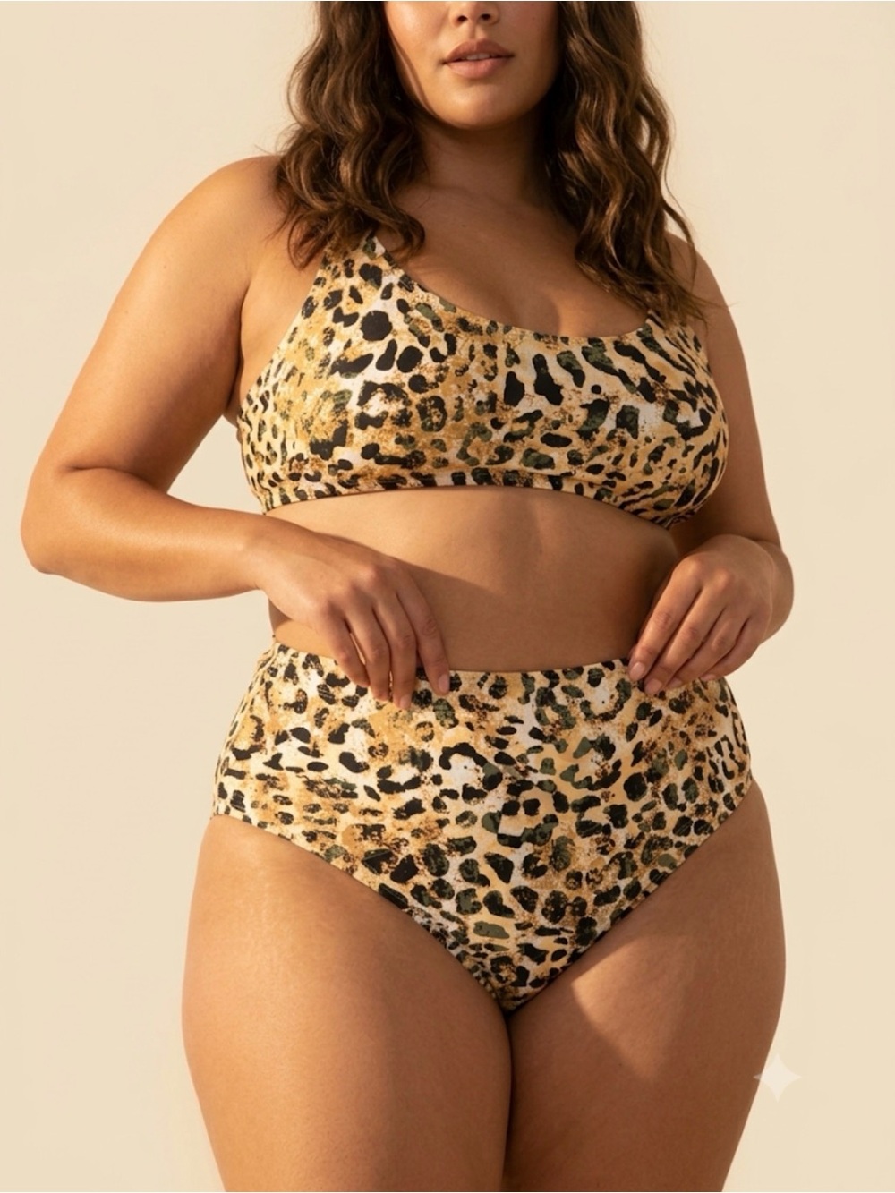 Mynah Plus Size Leopard Print High-Waist Bikini Set - Tan/Black